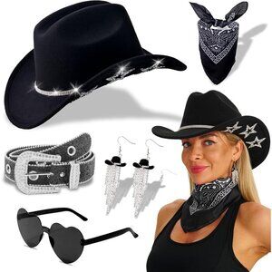 Cowboy Hat Set Felt Rhinestone Belt Stars Sunglasses Bandana Earrings